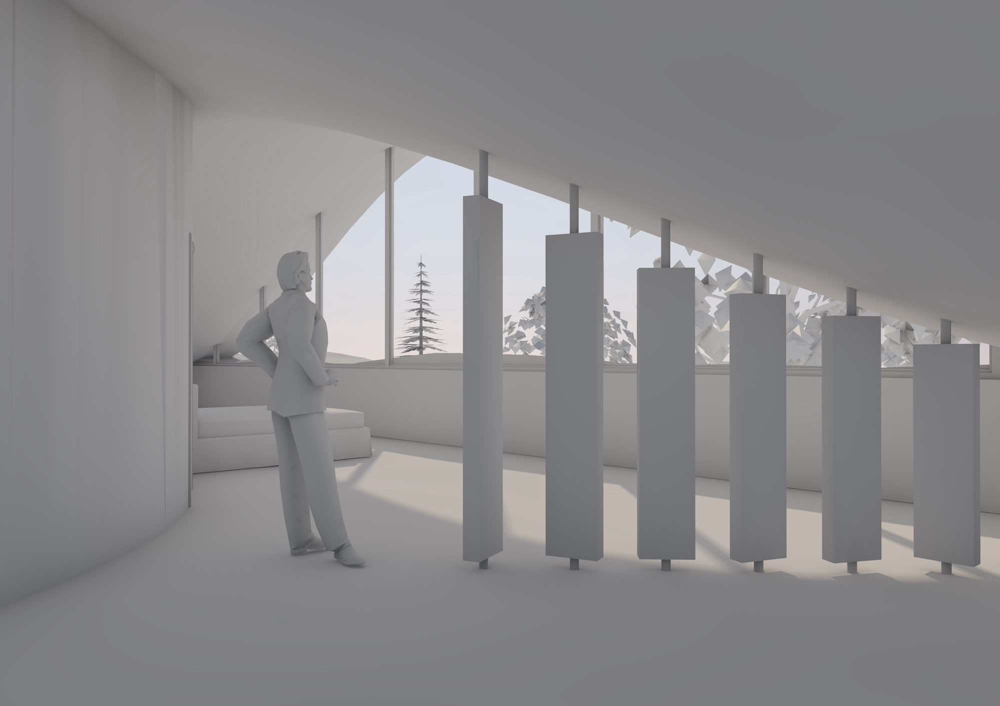 Interior render: a curved wall on the left, a figure looking out through sloping glazing at trees, and a row of tall vertical panels of different heights in front of the window.