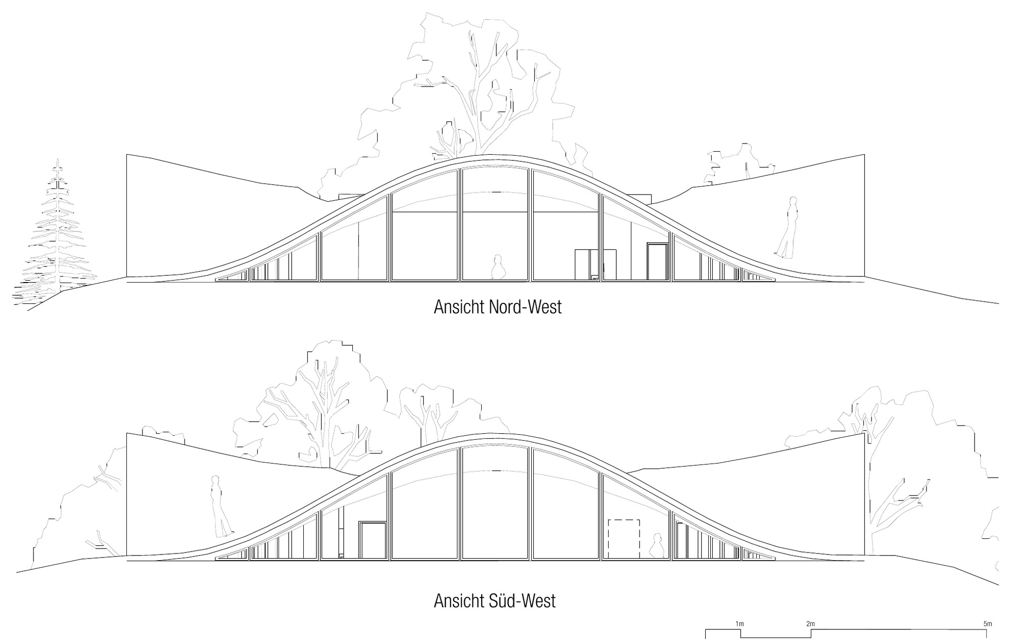 Two elevations, north-west and south-west: the wavy roof rising out of the hill with glazing below and trees around.