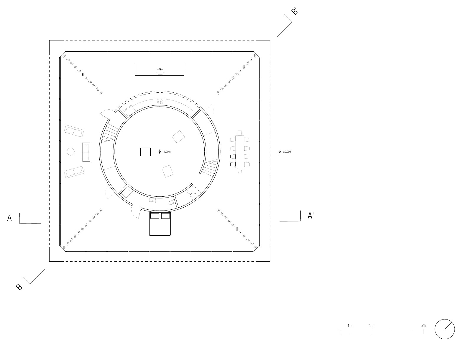 Floor plan at 1:100: a square house with a circular atelier at the centre, a ring of steps around it and furniture along the four sides.