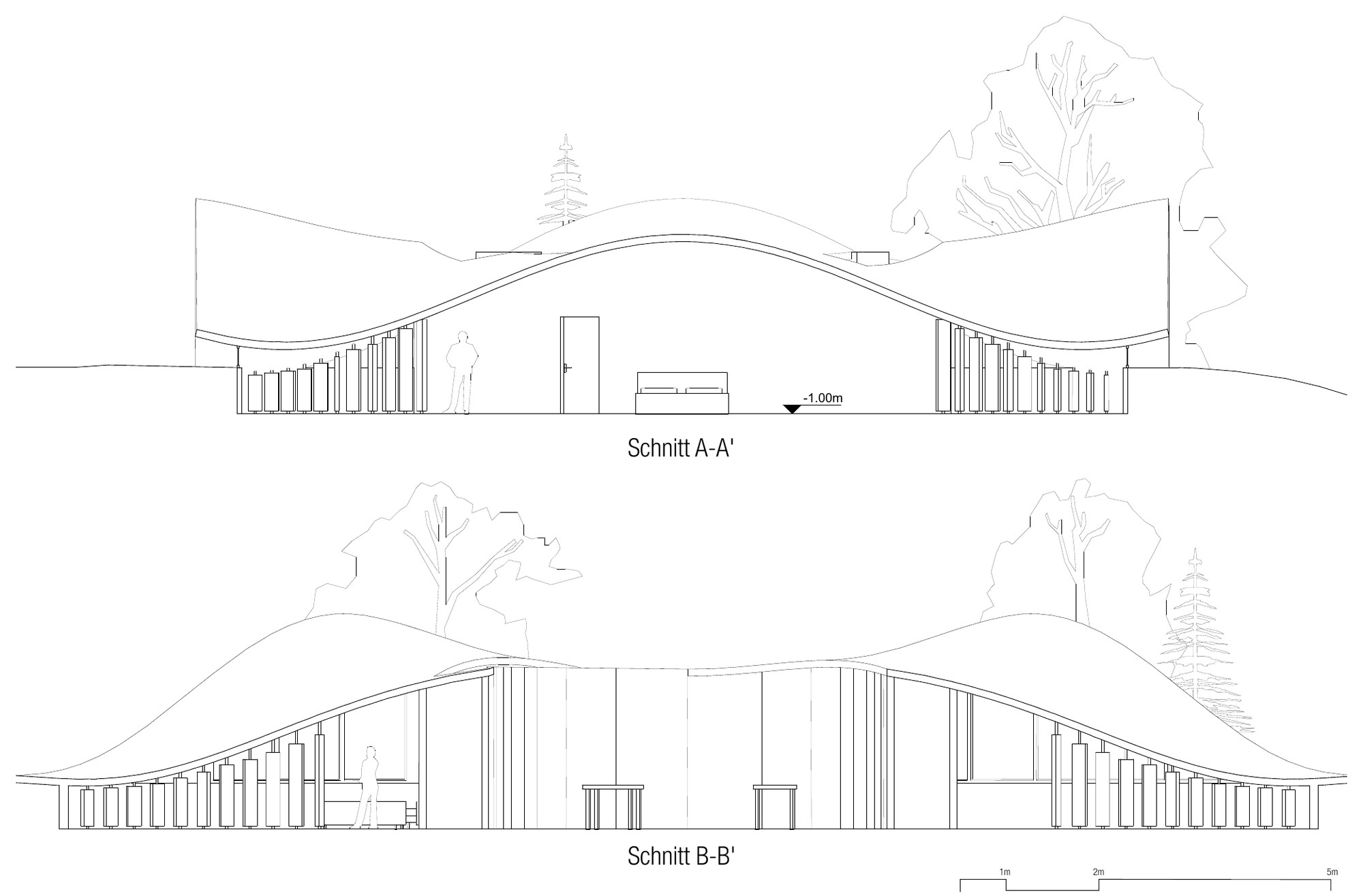 Two sections, A-A and B-B, through the house: one wavy roof over glazed walls and rows of vertical panels, with trees on the hill above.