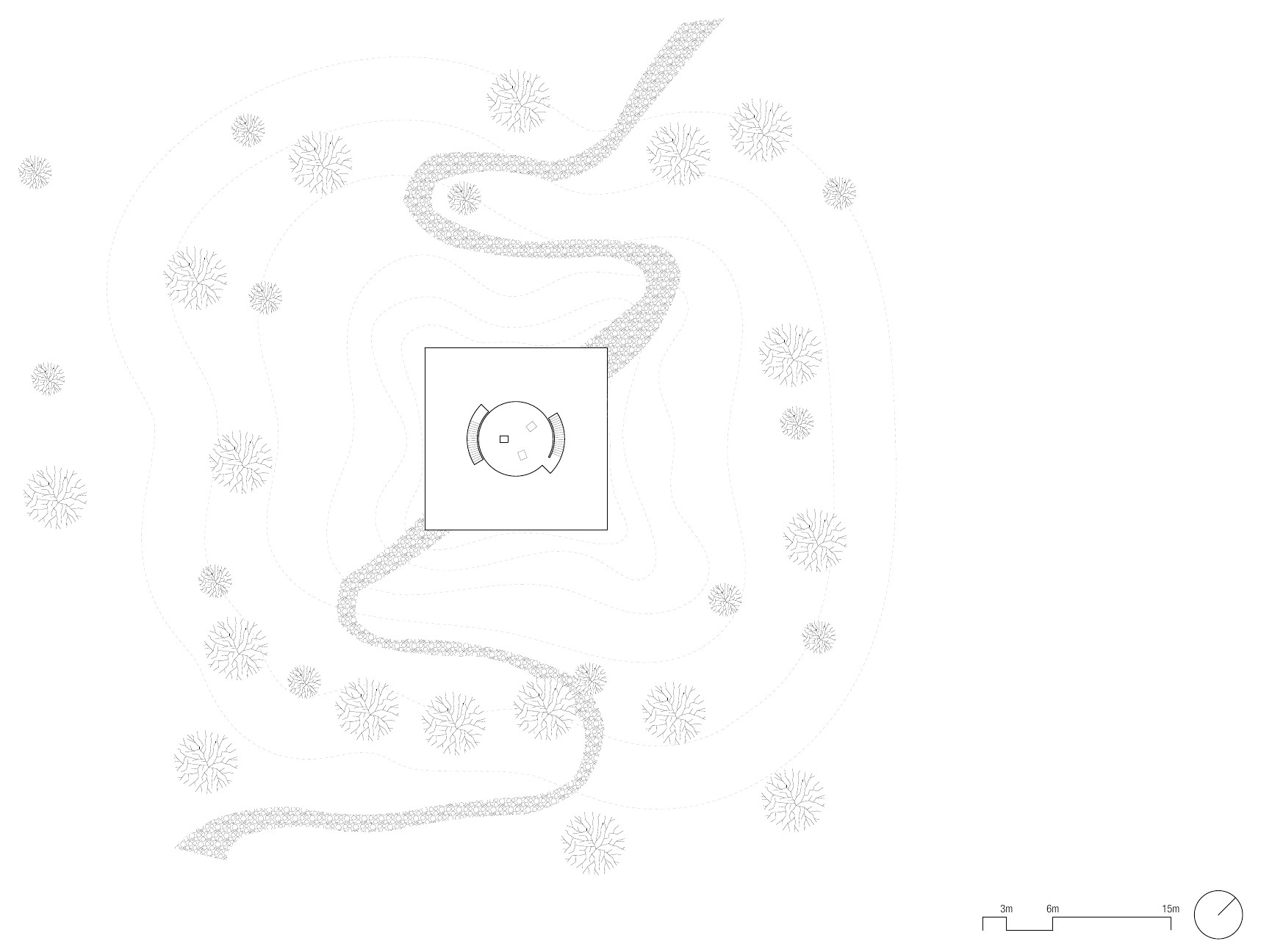 Site plan at 1:300: the square house in the middle of a hillside with contour lines, trees and a winding stream.