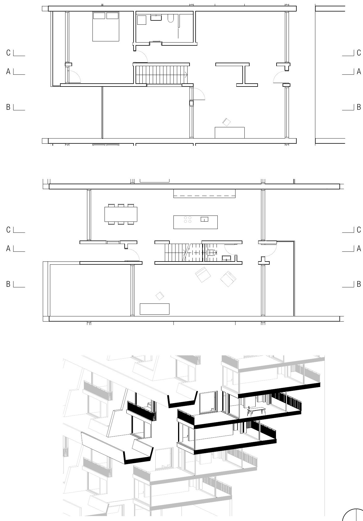 Two floor plans of an atelier home and a cut-away axonometric of the stacked terrace homes.