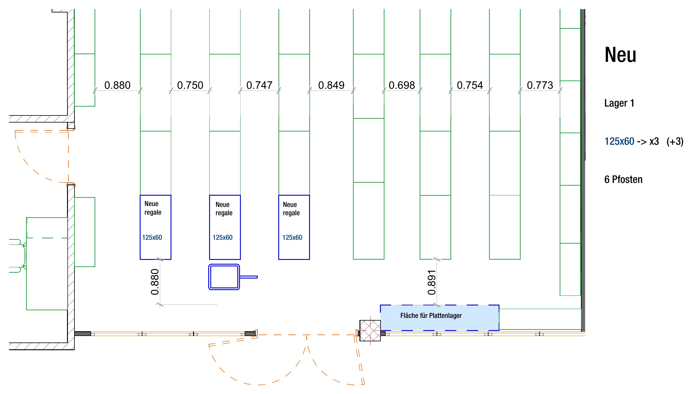 Plan of Lager 1: seven long shelving rows, three new shelves and a marked area for panel storage.
