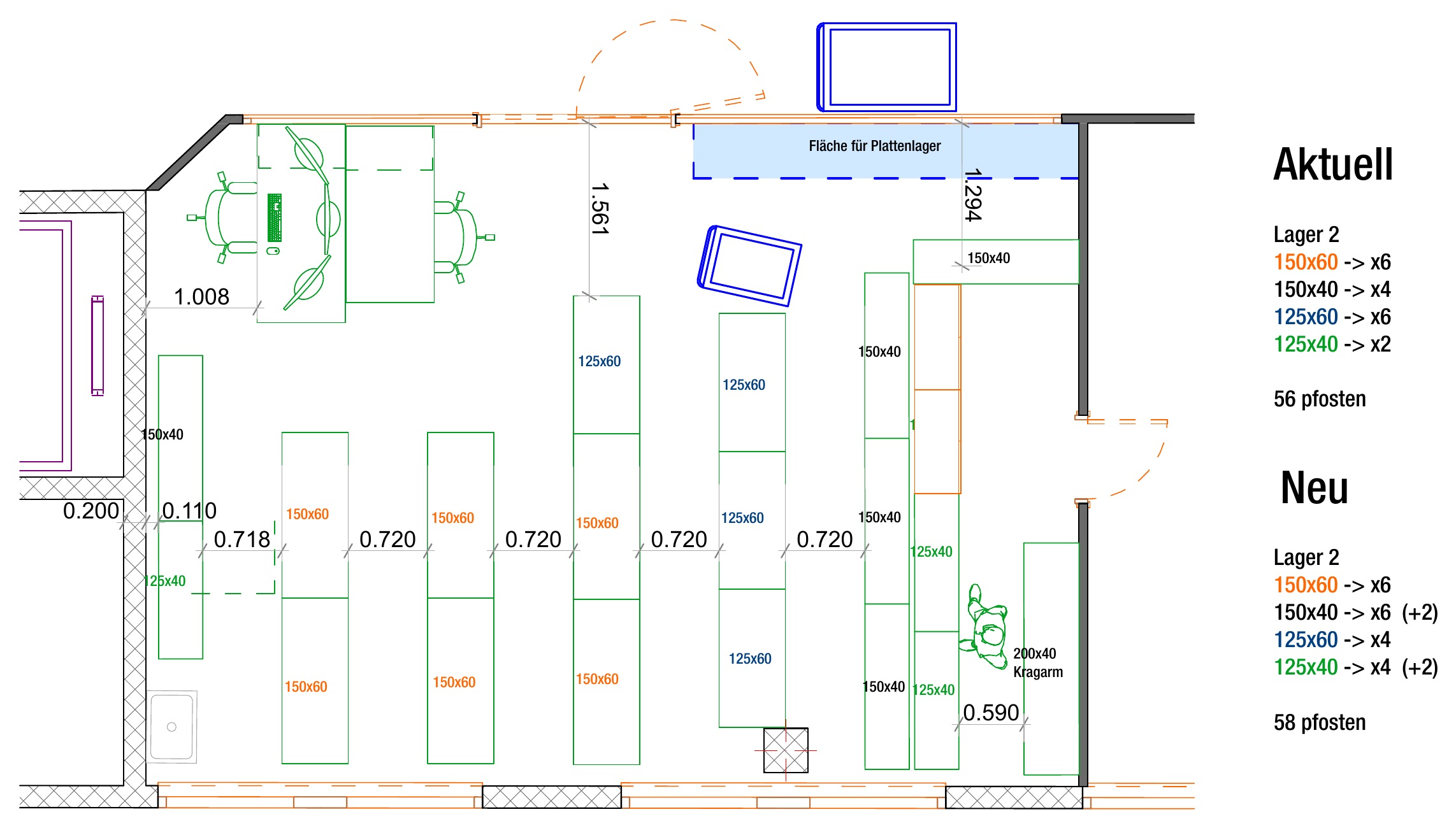 Plan of Lager 2: rows of shelving with the old and new arrangement listed beside it.