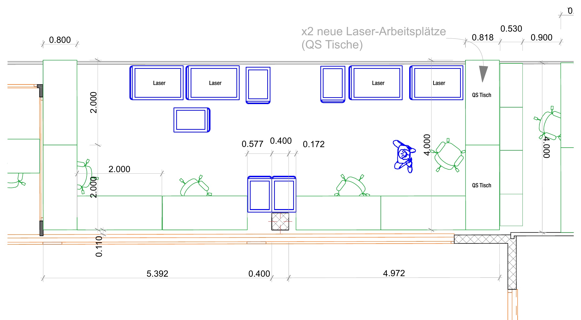 Plan of the laser area: laser machines along the wall, workplaces and two new quality tables.