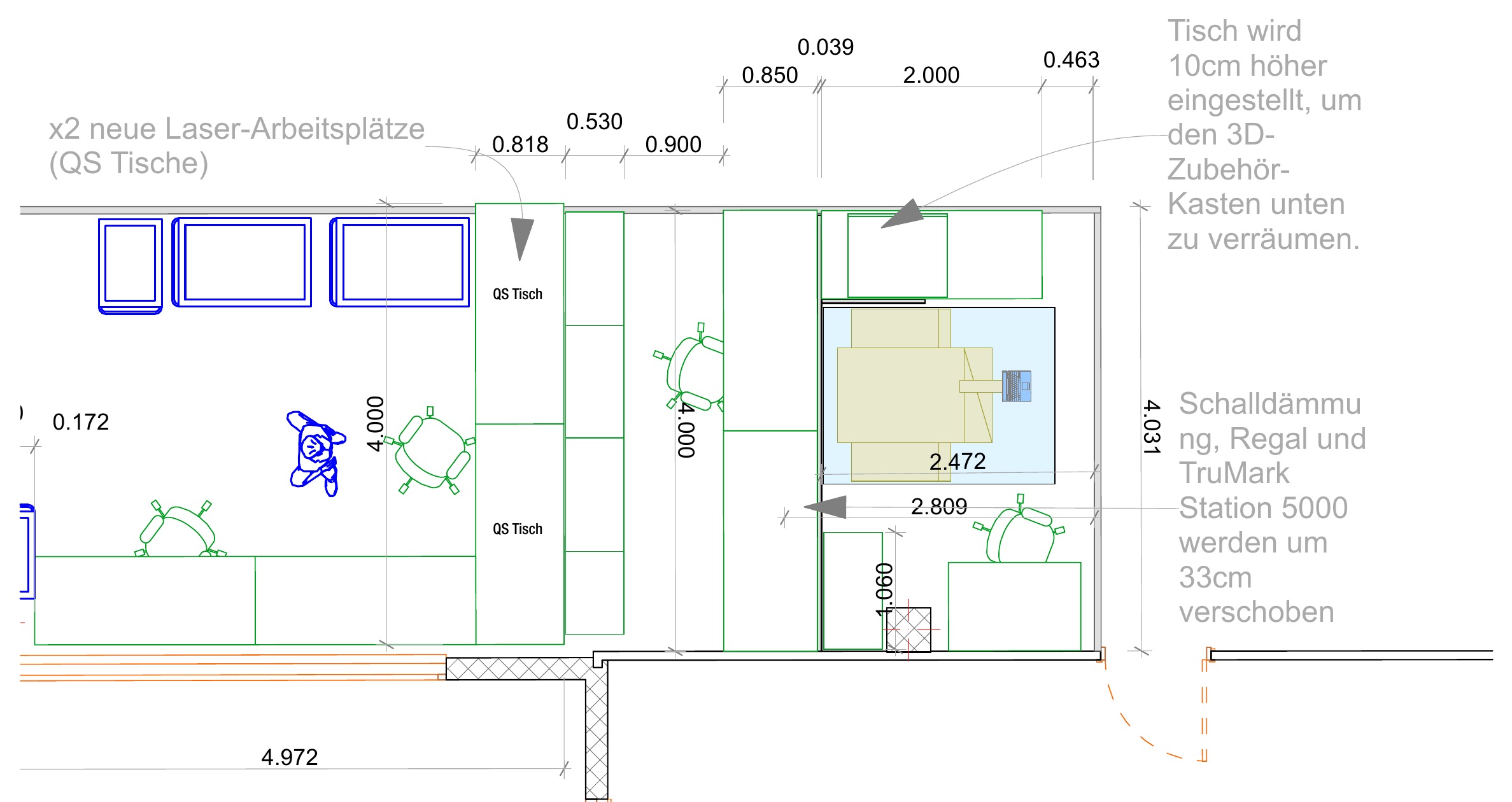 Plan of the lasers and hot boxes area with a shifted shelf and marking station.