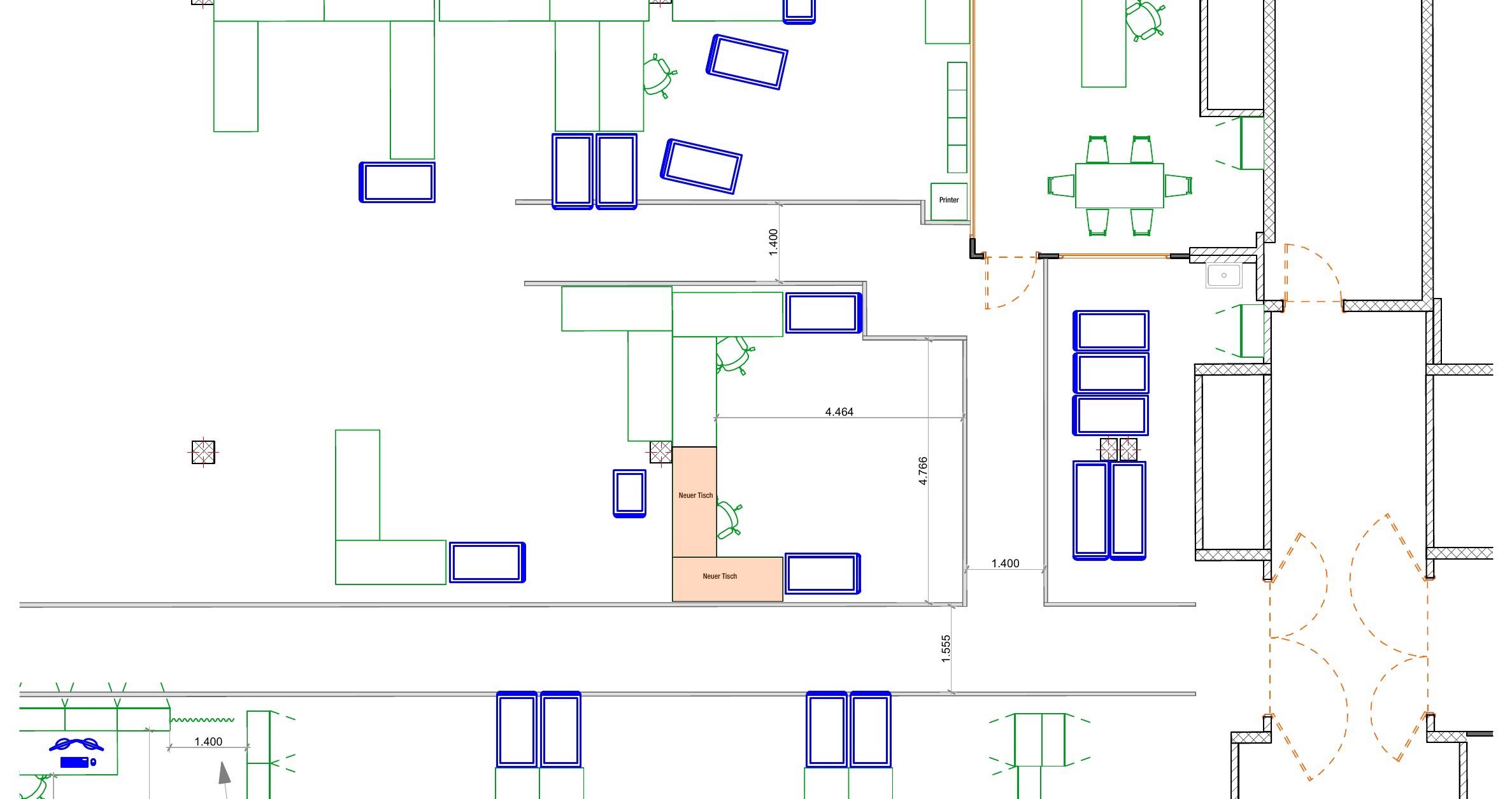 Plan of a larger office and workshop area with desks, machines and a meeting room.