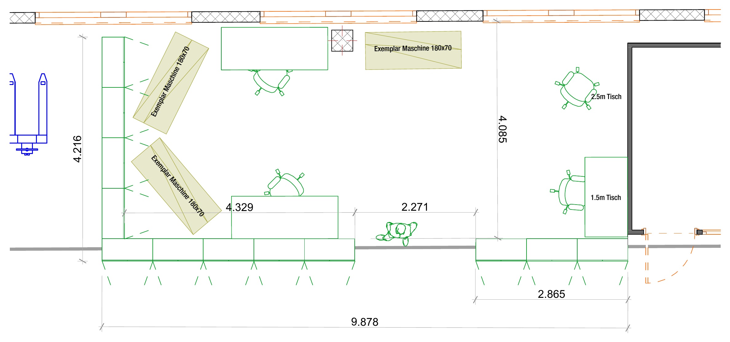 Plan of the QS area: sample machine, worktables and a long counter along the wall.