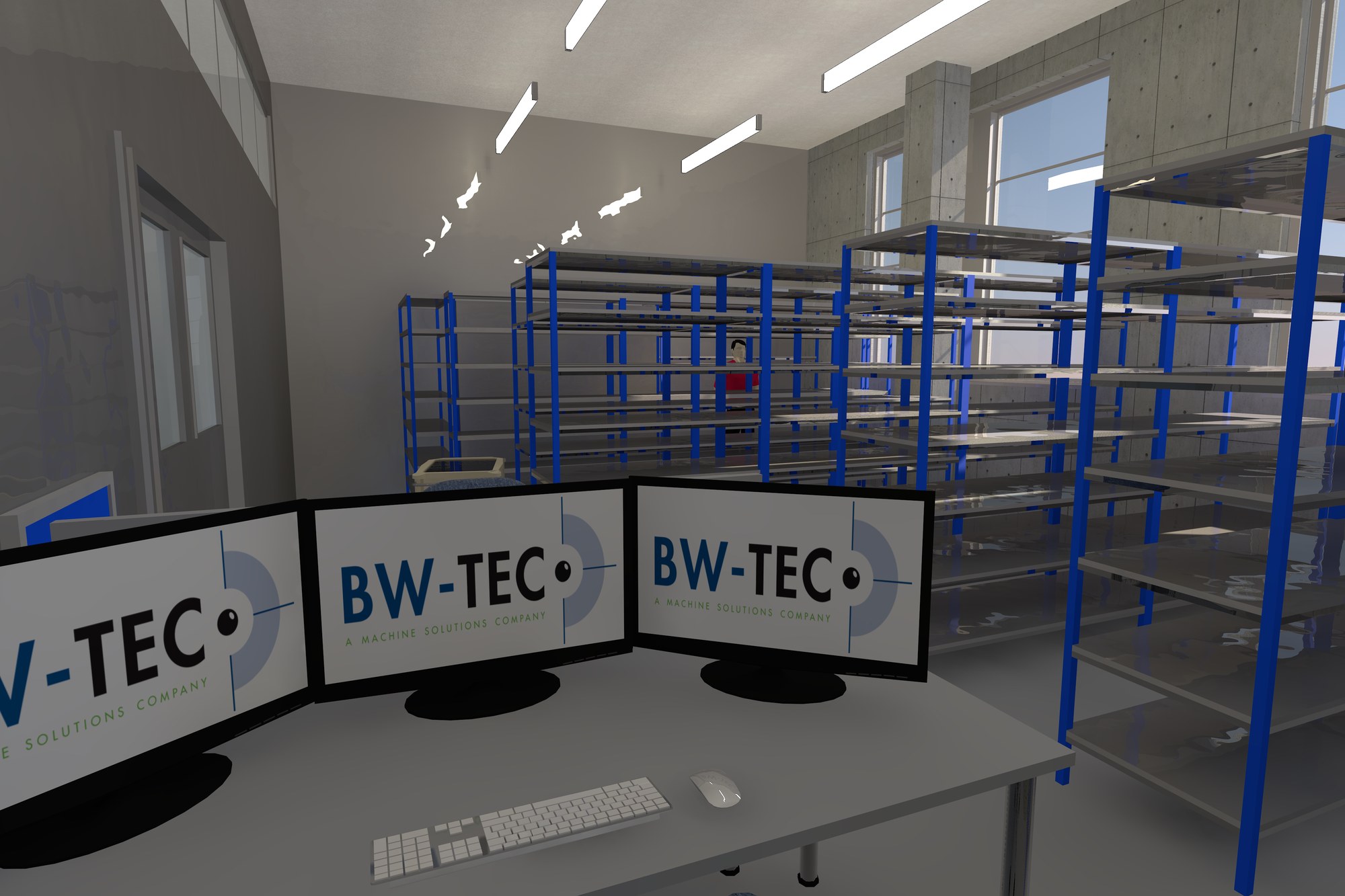 Render of an office desk with three BW-TEC monitors in front of shelving racks.