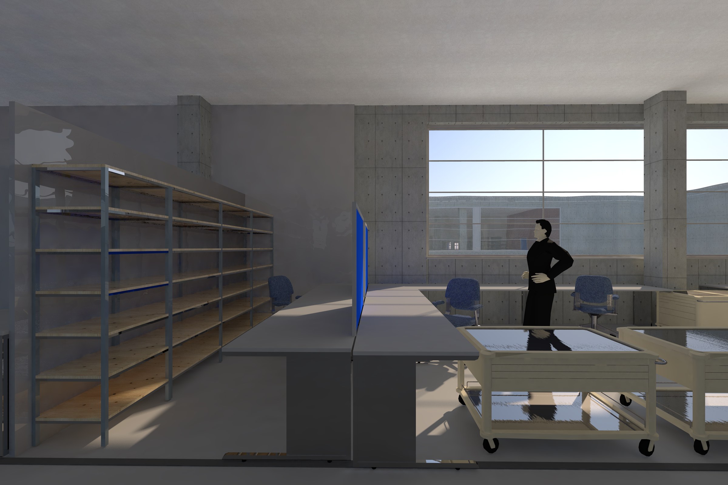 Render of a workspace with a tall shelf unit, desks, two trolleys and a person standing near a large window.