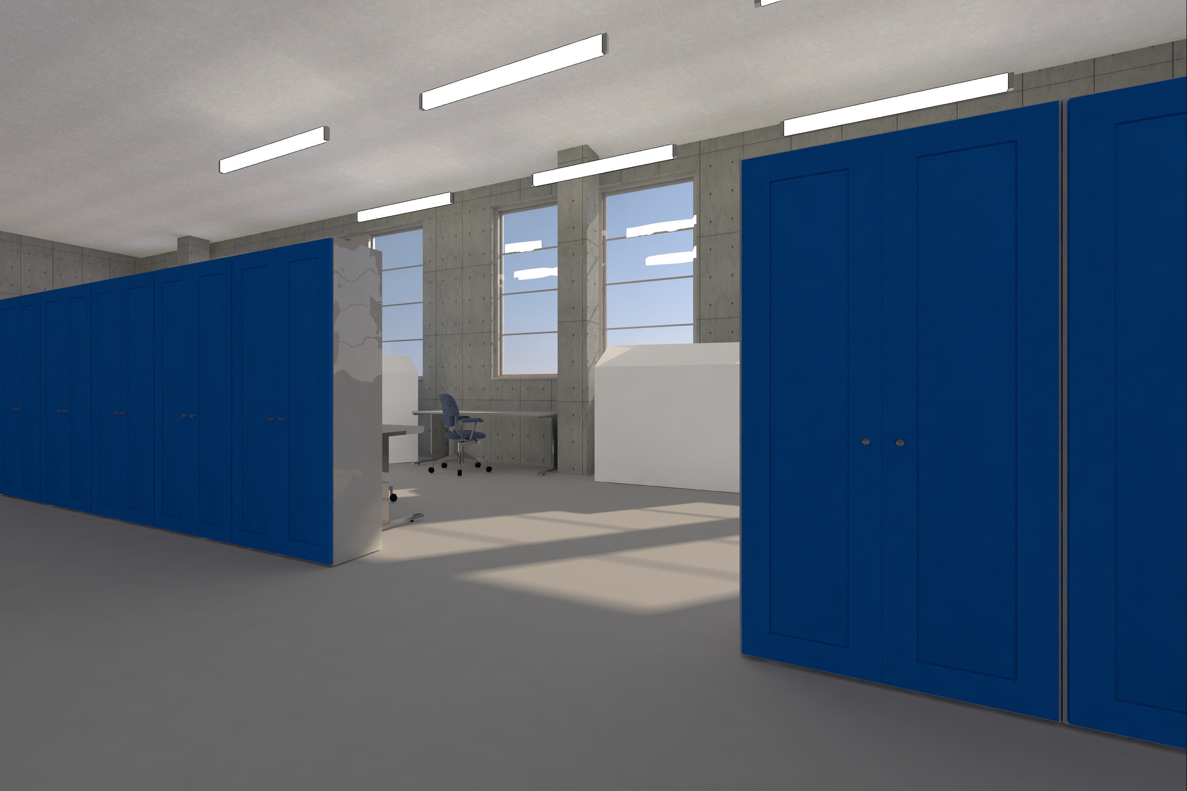 Render of an open office hall with tall blue cabinets forming a screen and desks behind them.