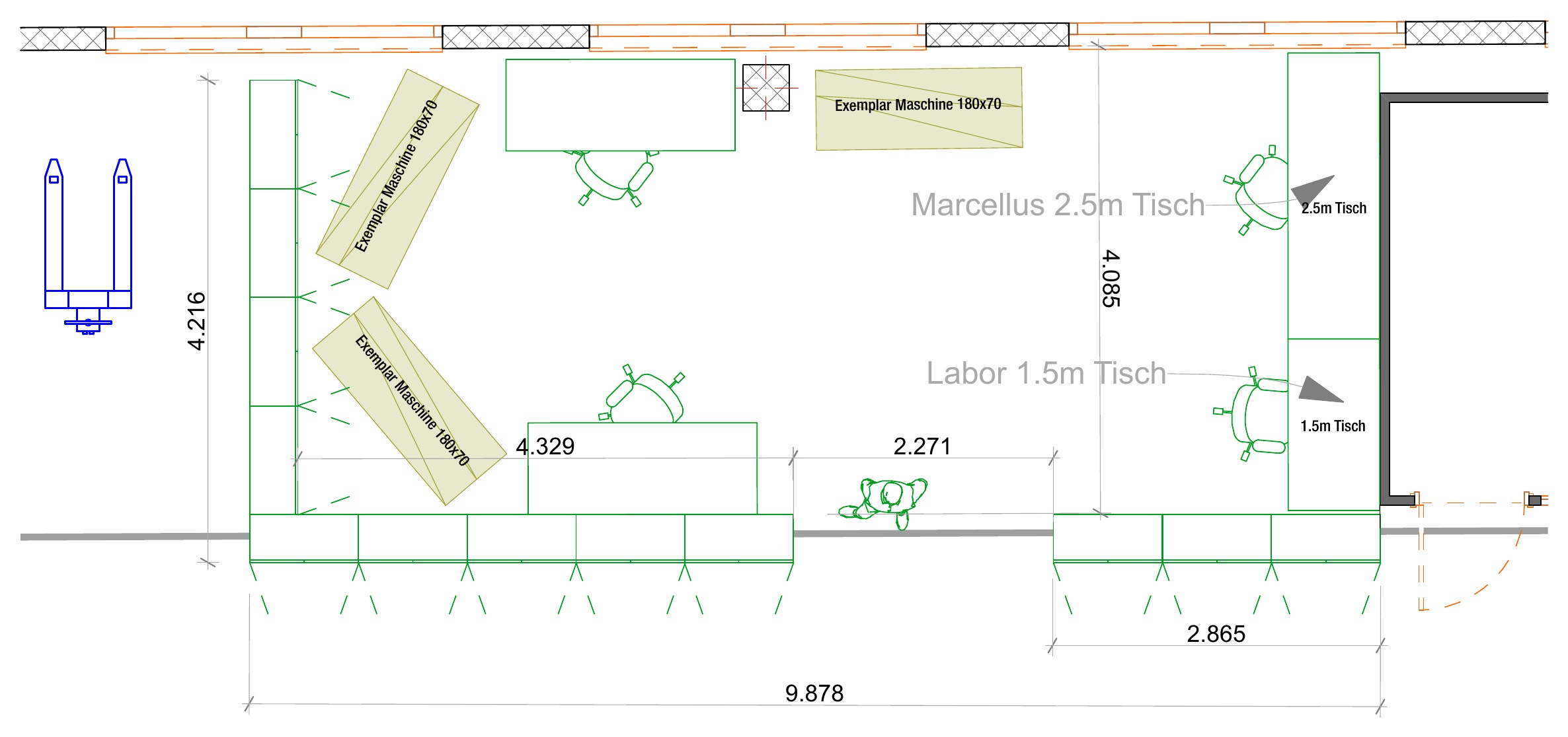 Plan of the SQ area: two sample machines, worktables and a long counter along the wall.