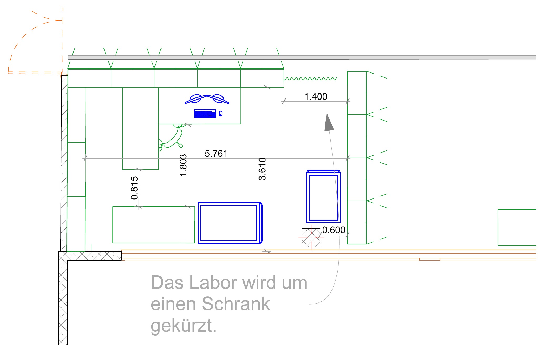 Plan of a laboratory workplace with a desk, a counter and a cabinet.