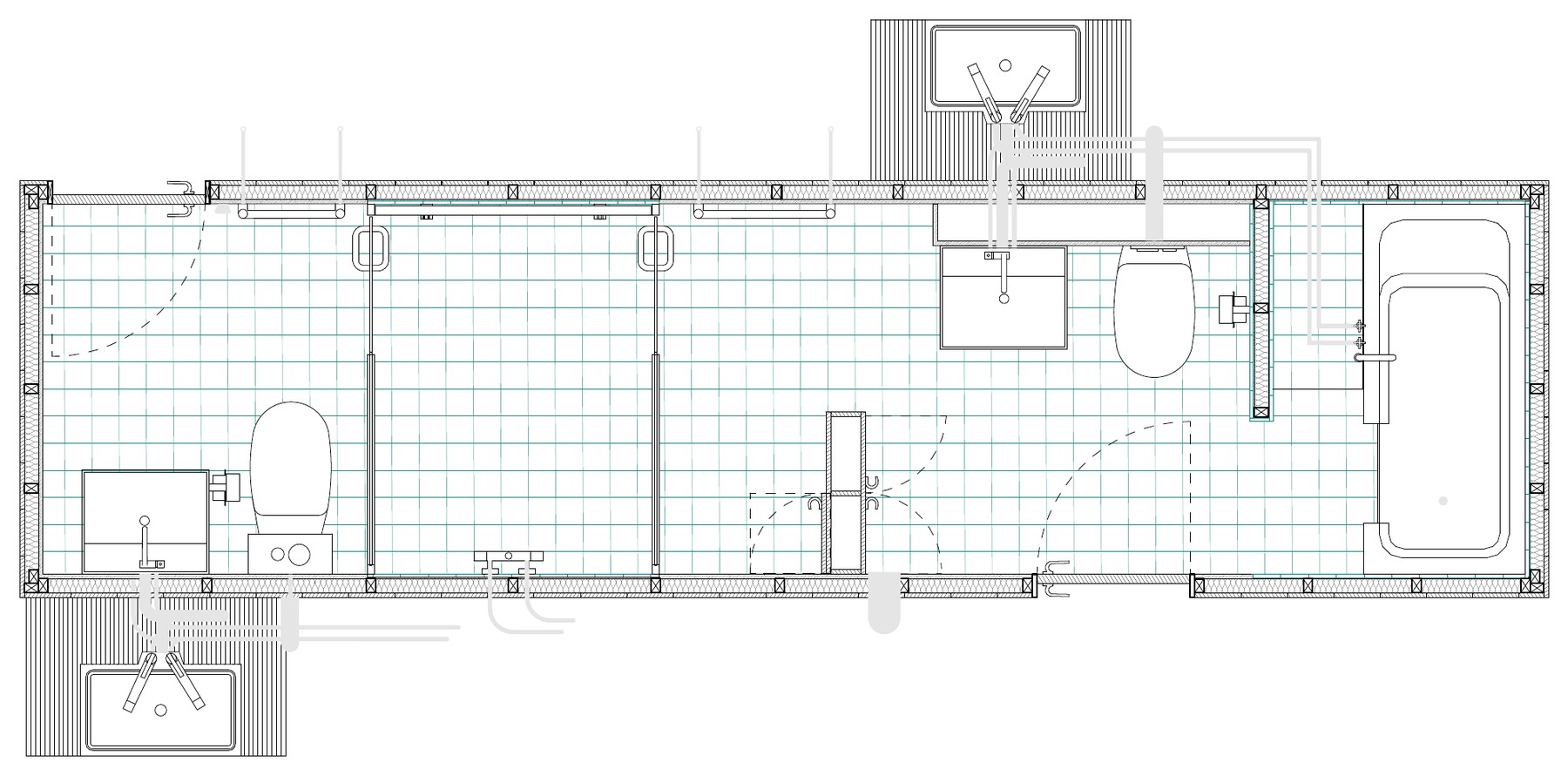 Plan of the tiled room: toilets, washbasins and a bathtub on a teal tile grid, with a basin on each outer wall.