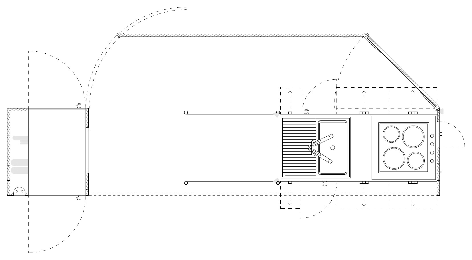 Plan of the kitchen module: a worktop with a sink and a four-ring cooktop, a table and a small unit with doors on the left.