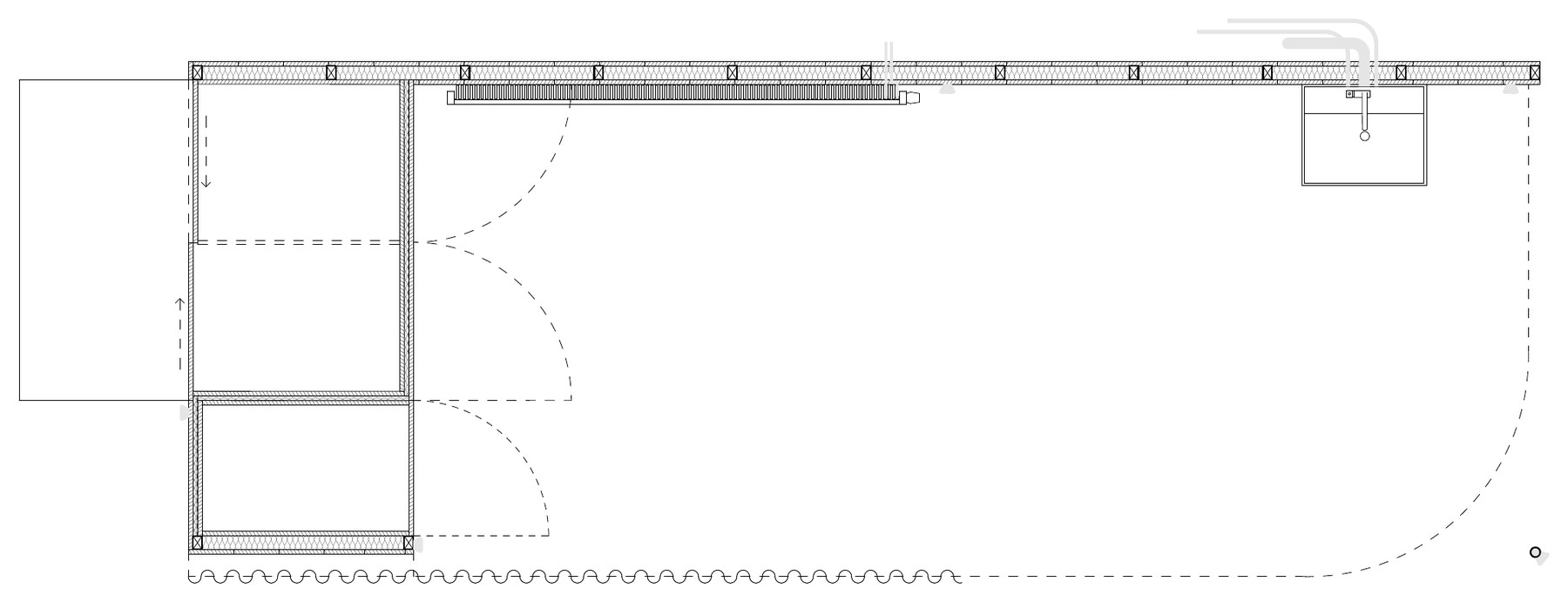 Plan of the long room: a curtain track along the top wall, a washbasin at the right end and swinging doors on the left.