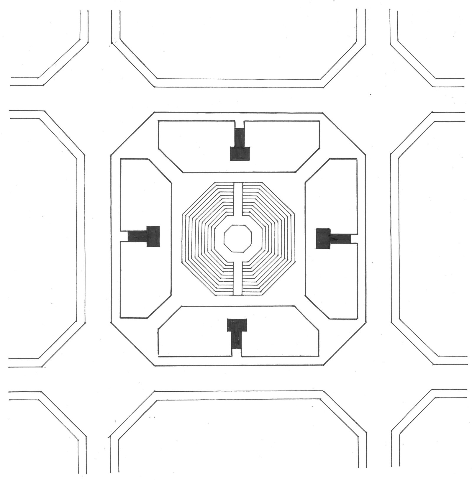 Hand-drawn Nolli plan of the ground floor: an octagonal block with four building wings around a central octagonal theatre.