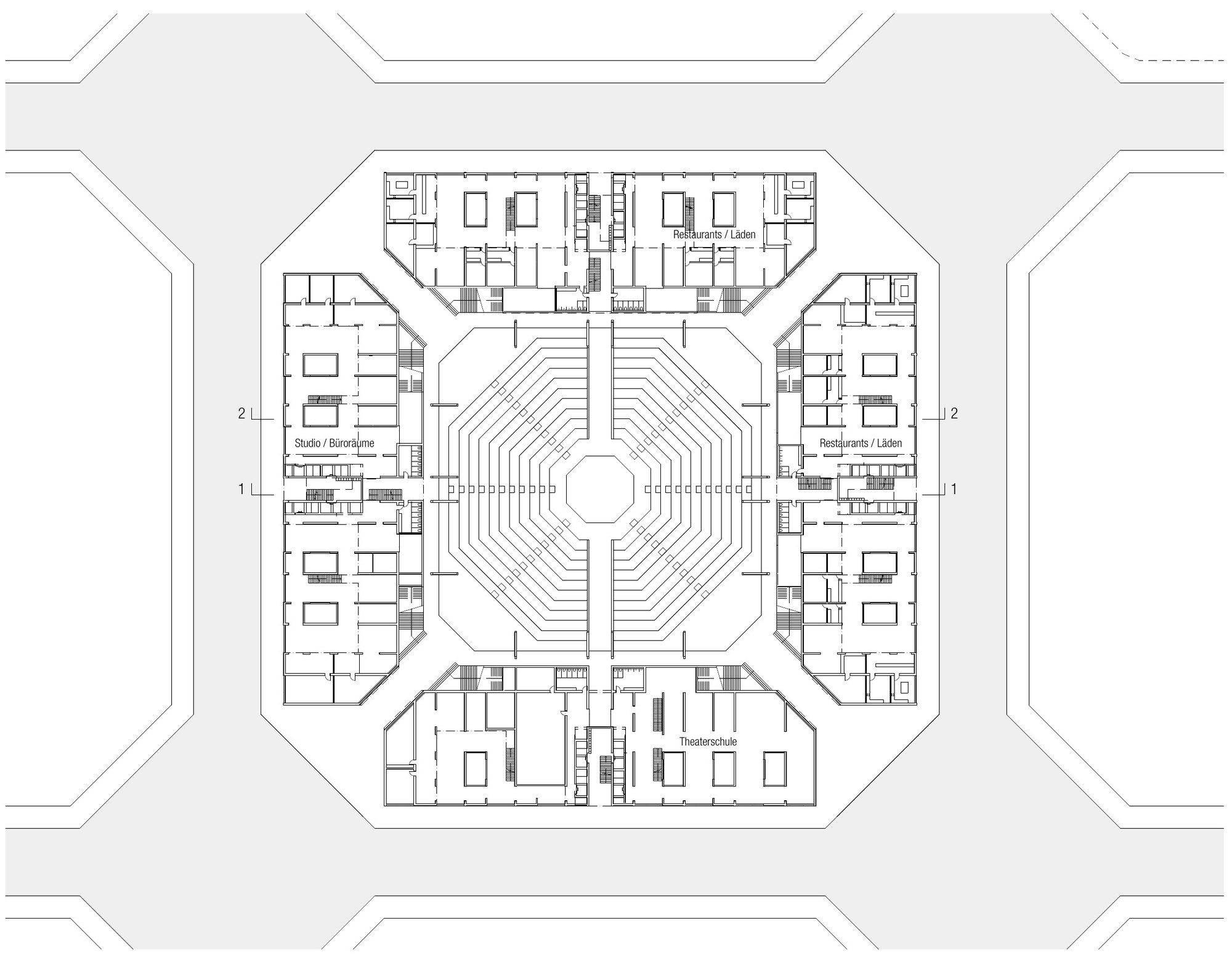 Ground floor plan at 1:500 with the stepped theatre in the centre and four wings: theatre school, studios and offices, restaurants and shops.