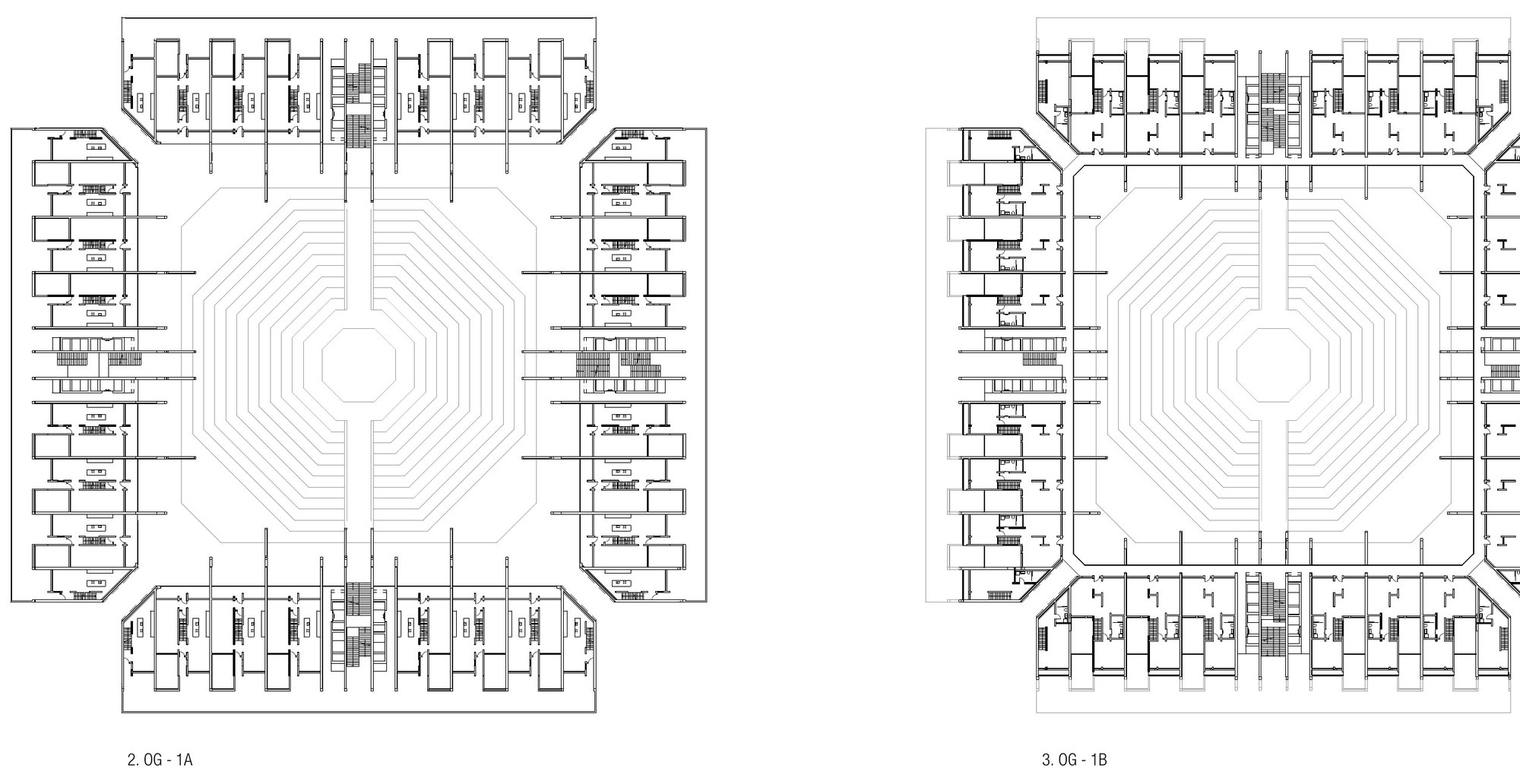 Two upper floor plans of the block with atelier homes along all four sides and galleries facing the theatre.