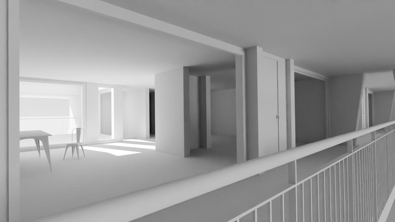 Render from the public gallery looking into an atelier home through the open front, with a railing in the foreground.