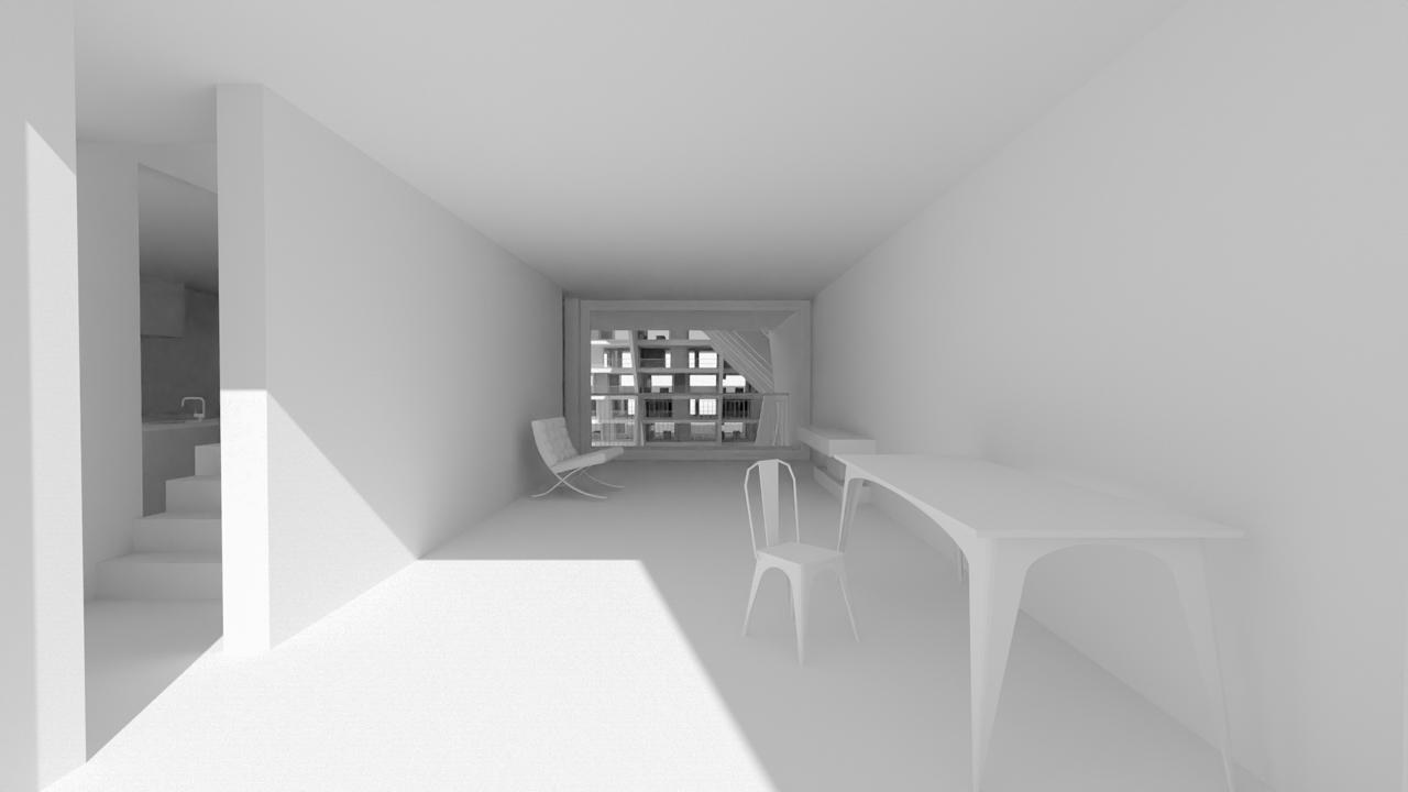 Render of the long narrow interior of an atelier home with a table, chairs and a stair at the left.