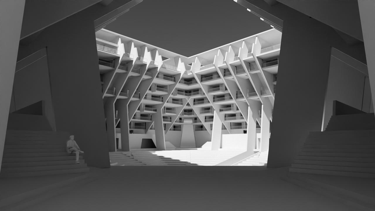 Interior render of the theatre court, seen between two inclined concrete piers, with terraced apartment galleries rising on all sides and a figure seated on the steps.