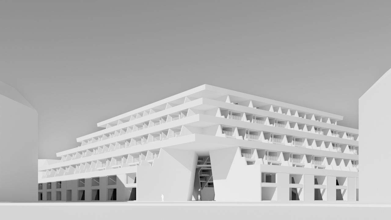 Street-side render of the stepped block: public ground floor, four terraced storeys above, a deep portal at the corner.