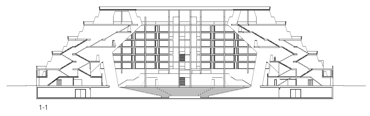 Section 1-1 through the theatre: inclined piers carry the stepped galleries on both sides, with the stepped theatre below.
