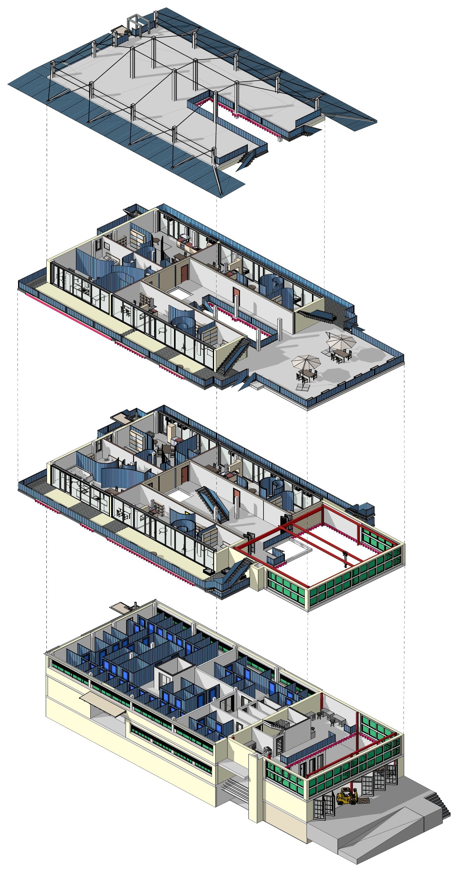 Exploded axonometric of the building in four layers, from the ground floor with storage cells at the bottom to the roof with posts and cables at the top.