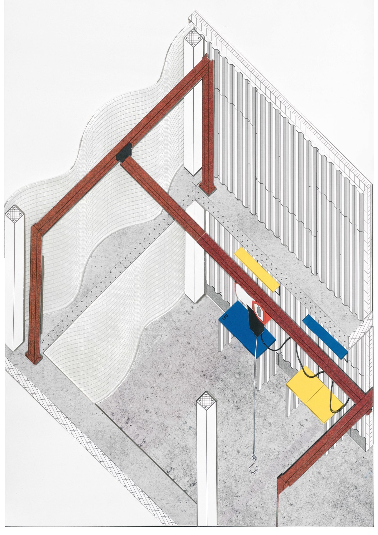 Detail collage in axonometric: a red steel frame over a concrete floor, corrugated vertical panels, white brick surfaces and coloured blue and yellow elements with a hoist hook.