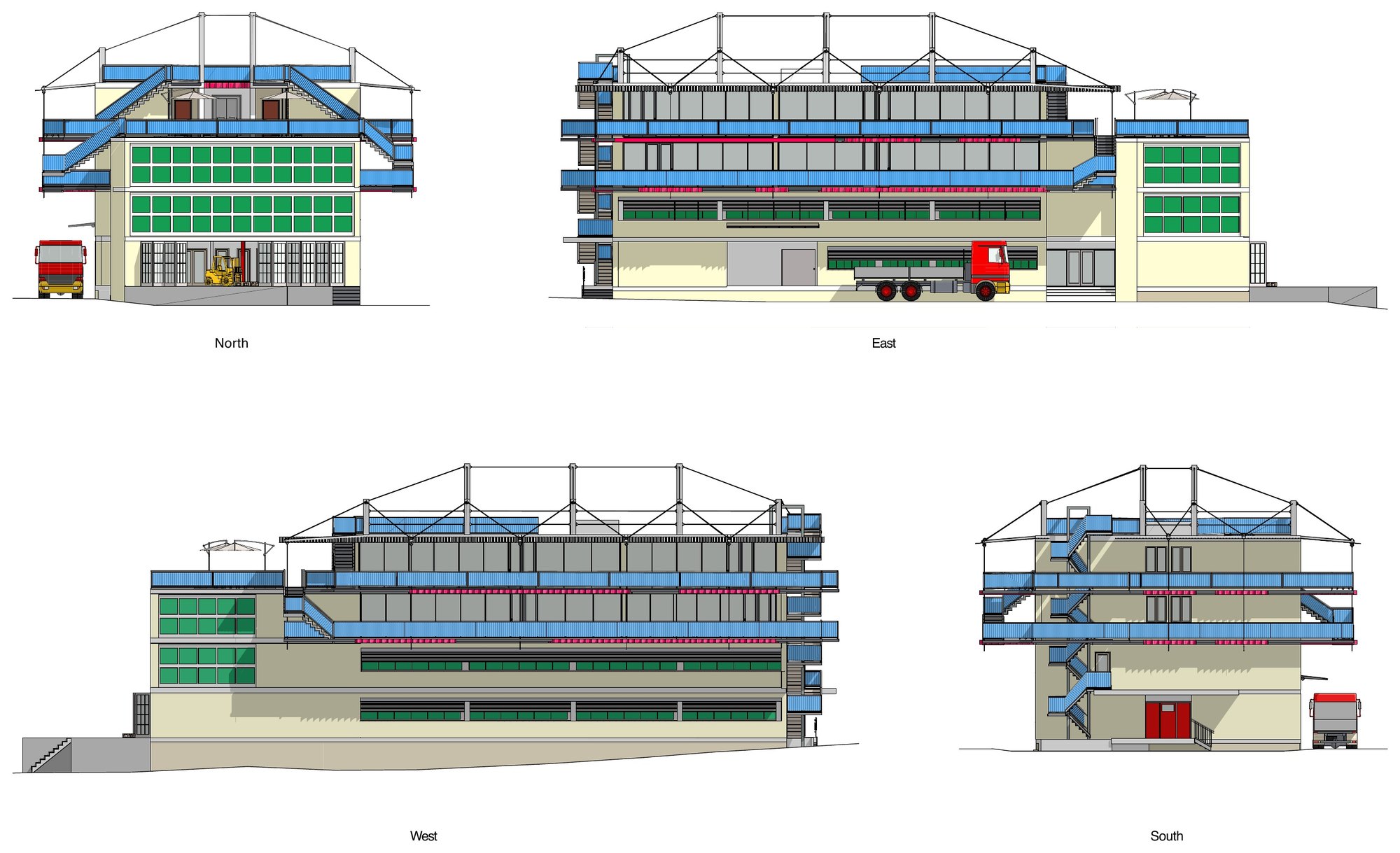 Four elevations of the building: north, east, west and south, with a lorry and a forklift at the workshop end.