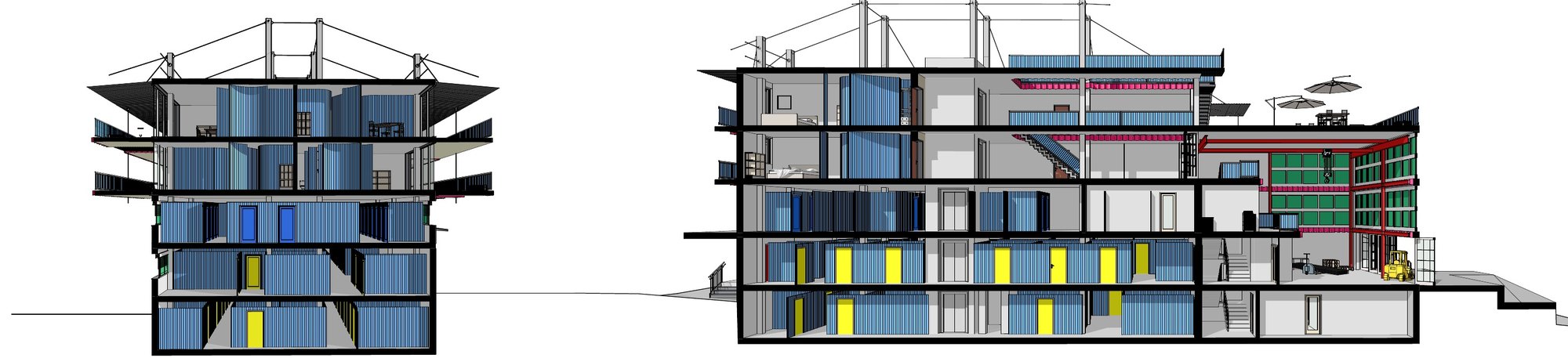 Two sections through the building, cross and longitudinal, with storage cells, living floors, the workshop hall with a red steel frame and the roof structure.