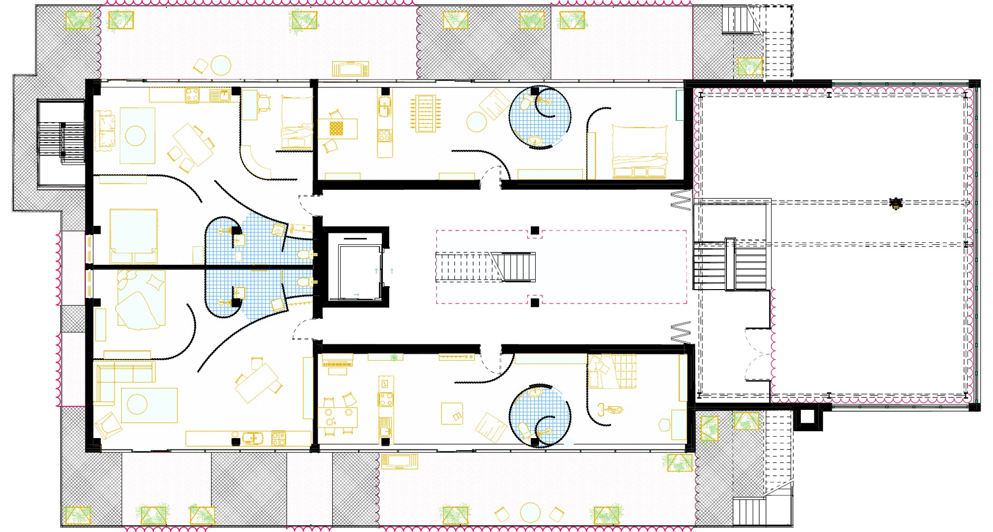 Plan of the third floor: four apartments on both sides of a central stair, each with a blue-tiled bathroom and balconies, and the workshop roof at the right.