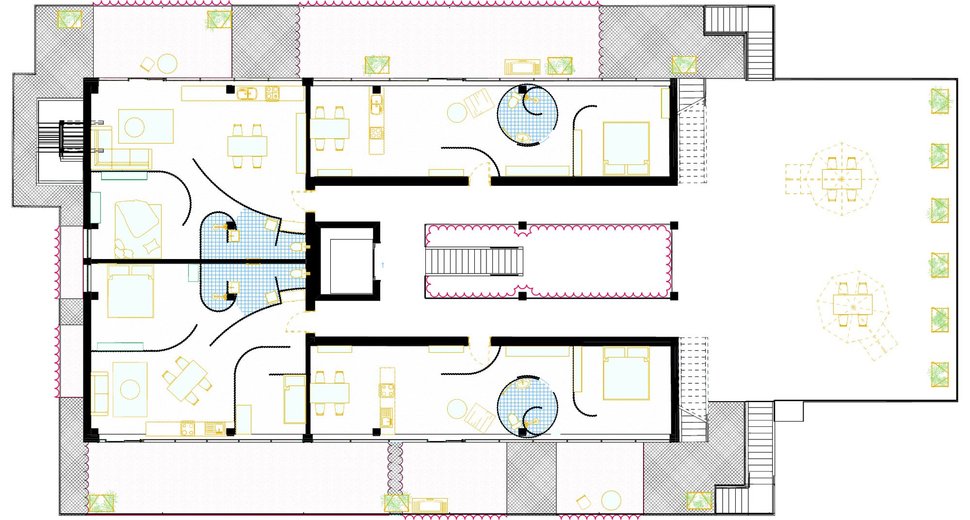 Plan of the fourth floor: four apartments with balconies around a central stair, and a roof terrace with tables on the right.