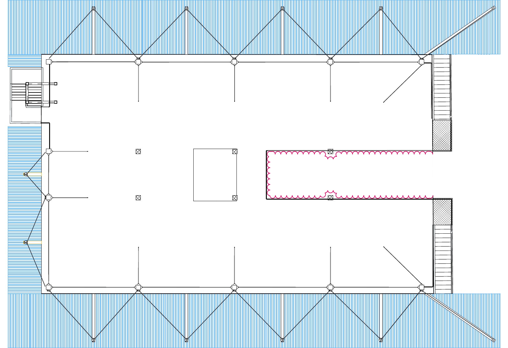 Plan of the rooftop: a large open roof with a grid of posts and cables, and blue planted strips along two sides.